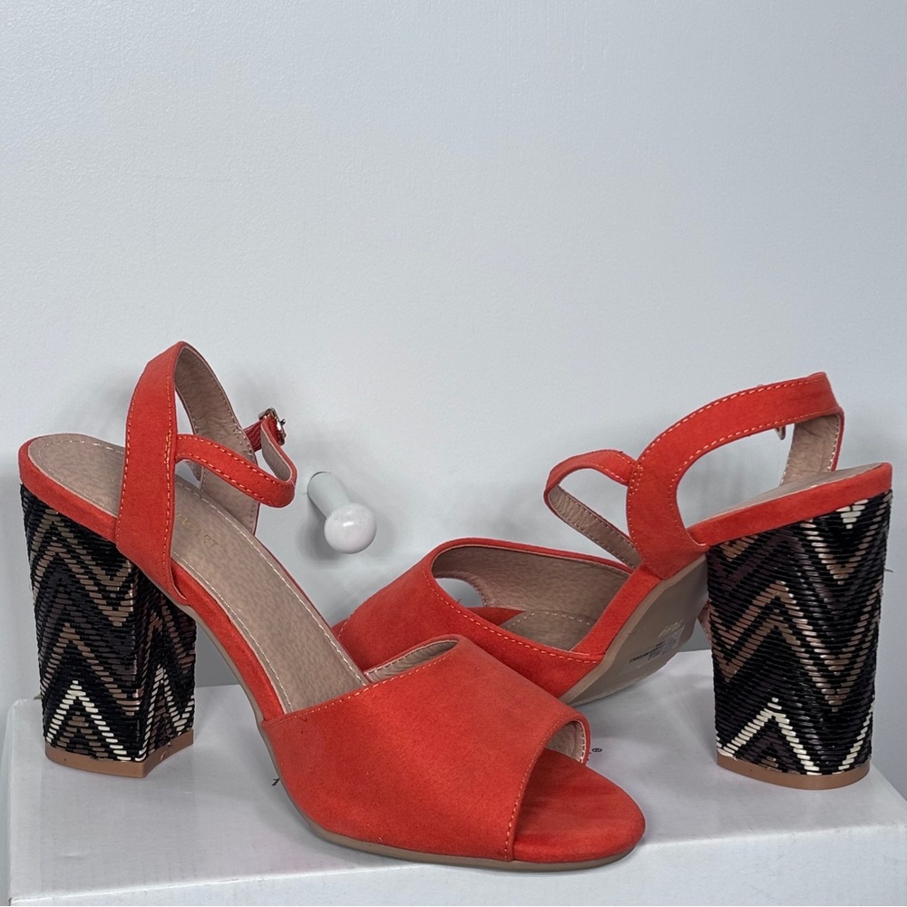 NIB Ashley Stewart Sandals Size 10W Island Hibiscus Orange Suede Block Heel
